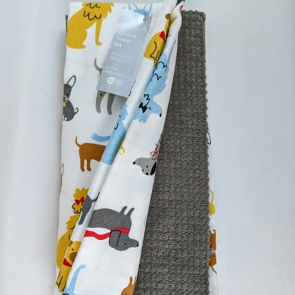 Kitchen Towels Set Of Three (3) Various Dog Breeds Multicolor Solid Grey NWT